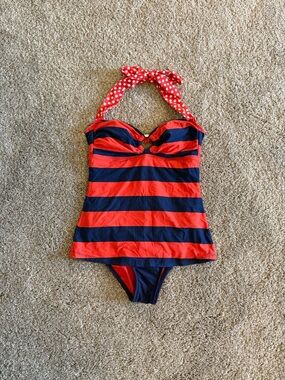 Tommy Hilfiger Red and Navy Striped Halter One-Piece Swimsuit
